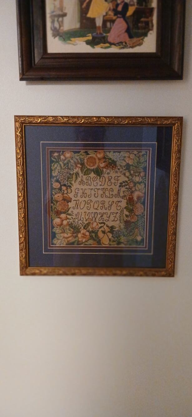 Vintage Framed Alphabet Sampler Tapestry, Floral Fruit Border, Gold Frame
